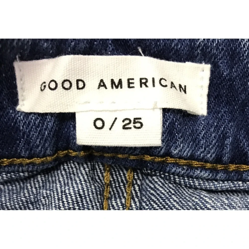 Good American bombshell cutoff denim shorts blue distressed high waisted Sz 0/25